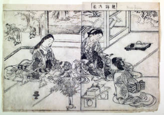 Yuya-gozen (Yuya-gozen)-double-page illustration (sheets 15-16) from volume I of the book Ehon Tokiwa-gusa (Picture Book of Evergreens)