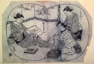 Page "ne": The Courtesans Echizen Writing on Letter Paper and Kinko Arranging the Hair of a Young Man-album illustration from an unidentified album [possibly (Keisei) Midare Fuji]