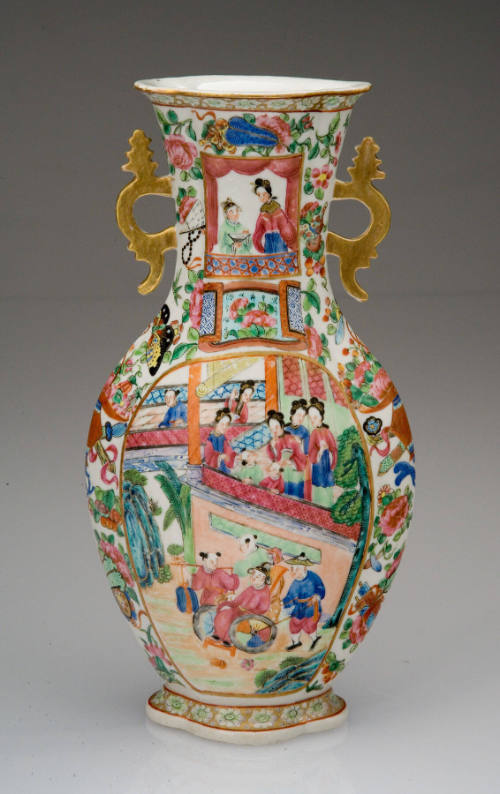 Flattened Blauster Vase with Narrative Scenes and Borders with Flowers, Fruits, Insects and Auspicious Objects
