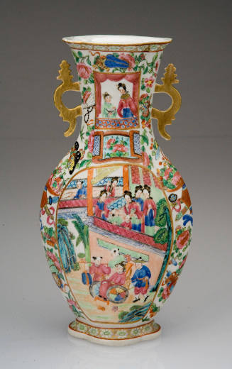 Flattened Blauster Vase with Narrative Scenes and Borders with Flowers, Fruits, Insects and Auspicious Objects