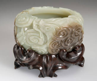 Oval Water Vessel with Relief Design of Two Dragons Chasing Flaming Jewels Amidst Swirling Clouds